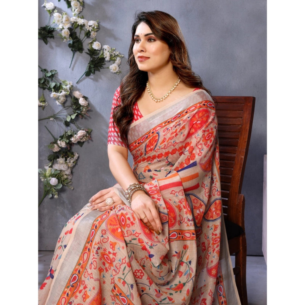 Amfyn Women's Linen Cotton  Printed Saree With Unstitched Blouse 5.5Mtr (Orange )