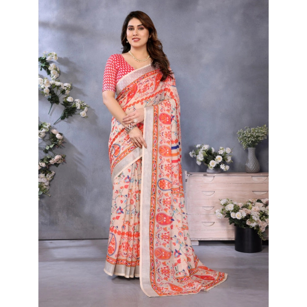 Amfyn Women's Linen Cotton  Printed Saree With Unstitched Blouse 5.5Mtr (Orange )