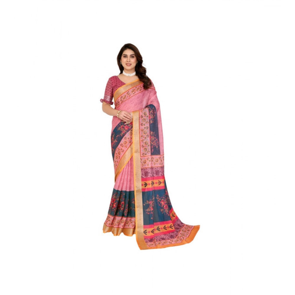 Amfyn Women's Linen Cotton  Printed Saree With Unstitched Blouse 5.5Mtr (Pink)