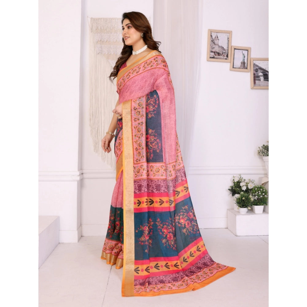 Amfyn Women's Linen Cotton  Printed Saree With Unstitched Blouse 5.5Mtr (Pink)