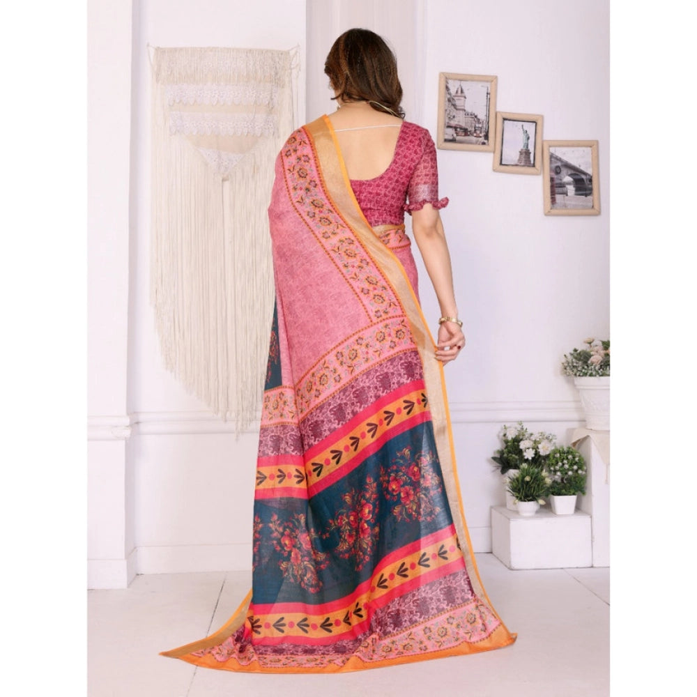 Amfyn Women's Linen Cotton  Printed Saree With Unstitched Blouse 5.5Mtr (Pink)