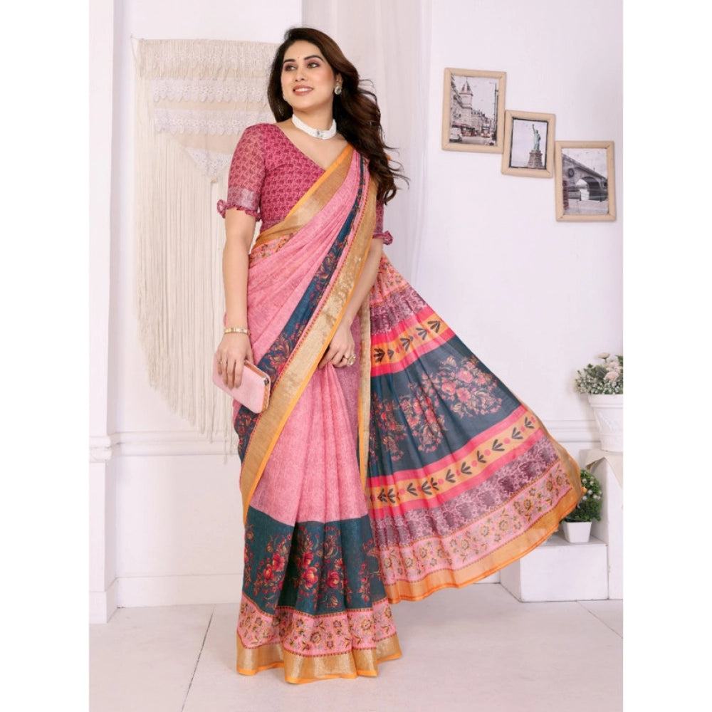 Amfyn Women's Linen Cotton  Printed Saree With Unstitched Blouse 5.5Mtr (Pink)