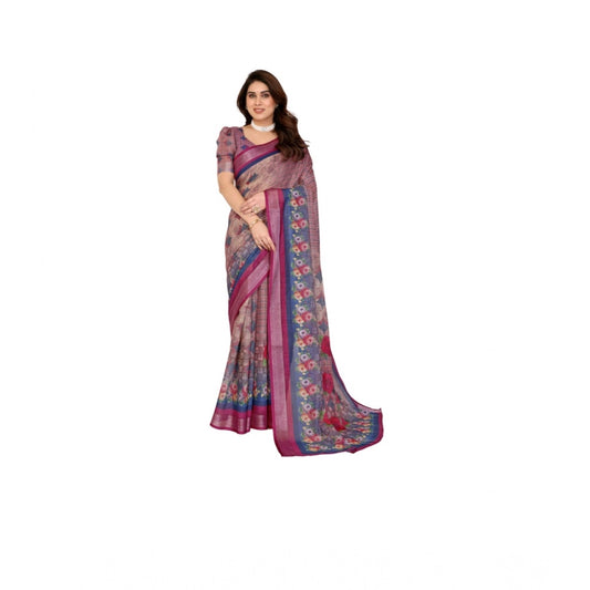 Amfyn Women's Linen Cotton  Printed Saree With Unstitched Blouse 5.5Mtr (Wine )