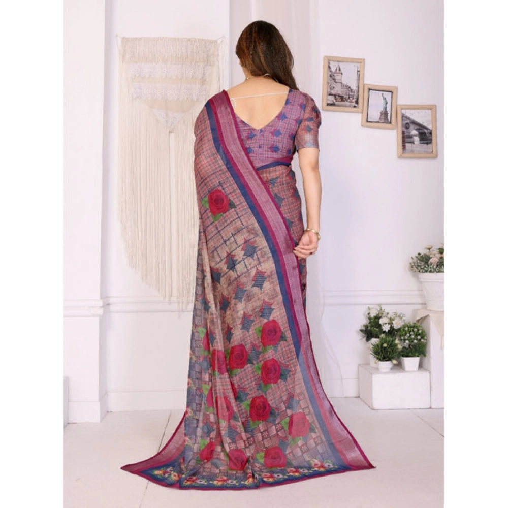 Amfyn Women's Linen Cotton  Printed Saree With Unstitched Blouse 5.5Mtr (Wine )
