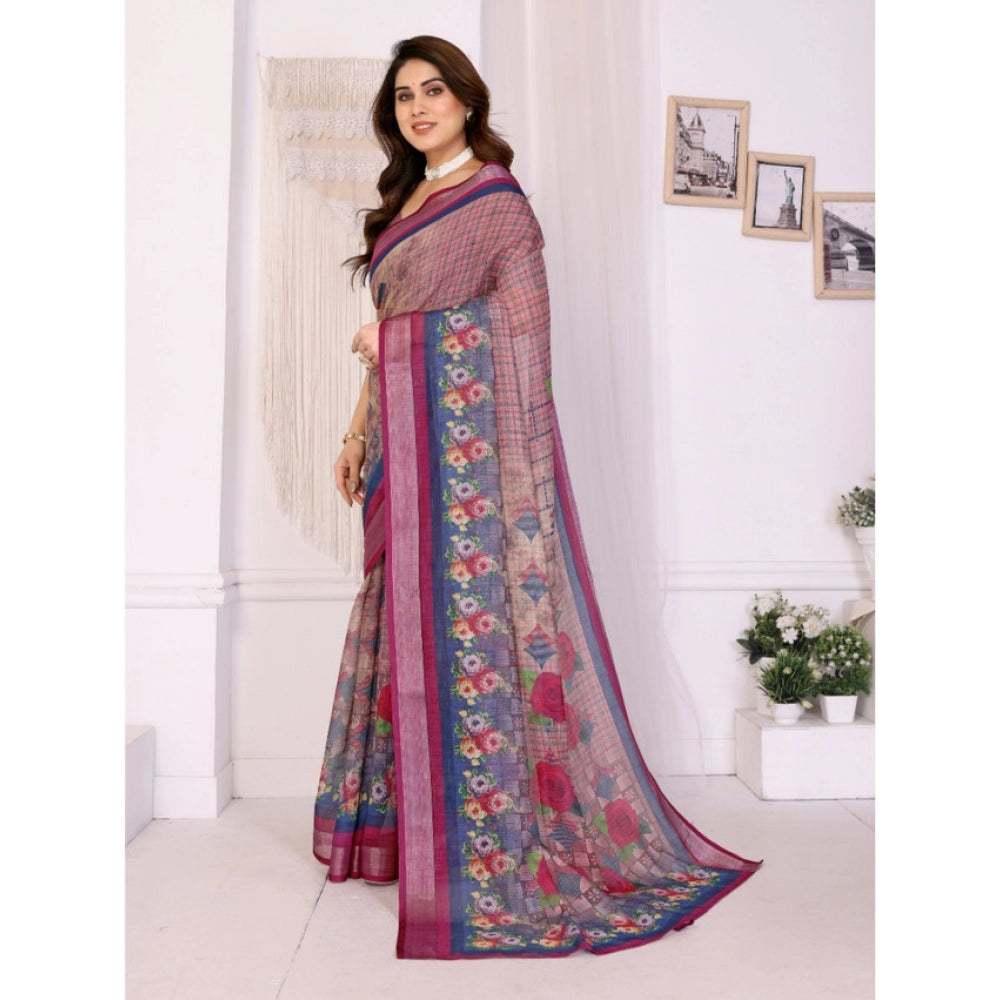 Amfyn Women's Linen Cotton  Printed Saree With Unstitched Blouse 5.5Mtr (Wine )