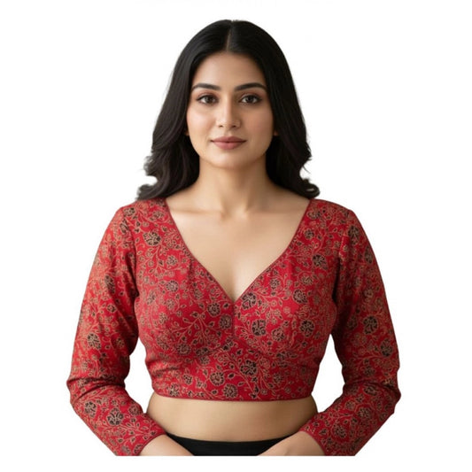 Amfyn Women's Ajrakh Cotton Printed V-Neck Padded Blouse (Red 38 Ready (Self Alterable 36–40)