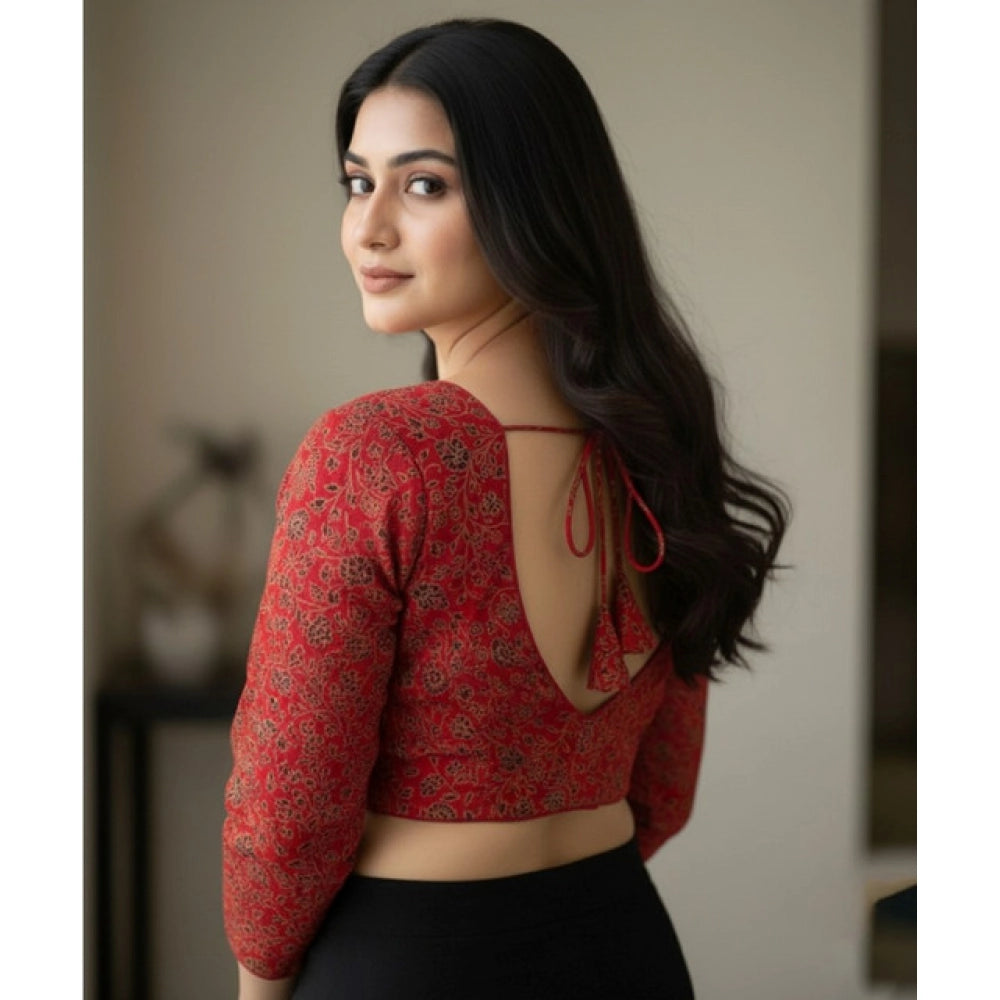 Amfyn Women's Ajrakh Cotton Printed V-Neck Padded Blouse (Red 38 Ready (Self Alterable 36–40)