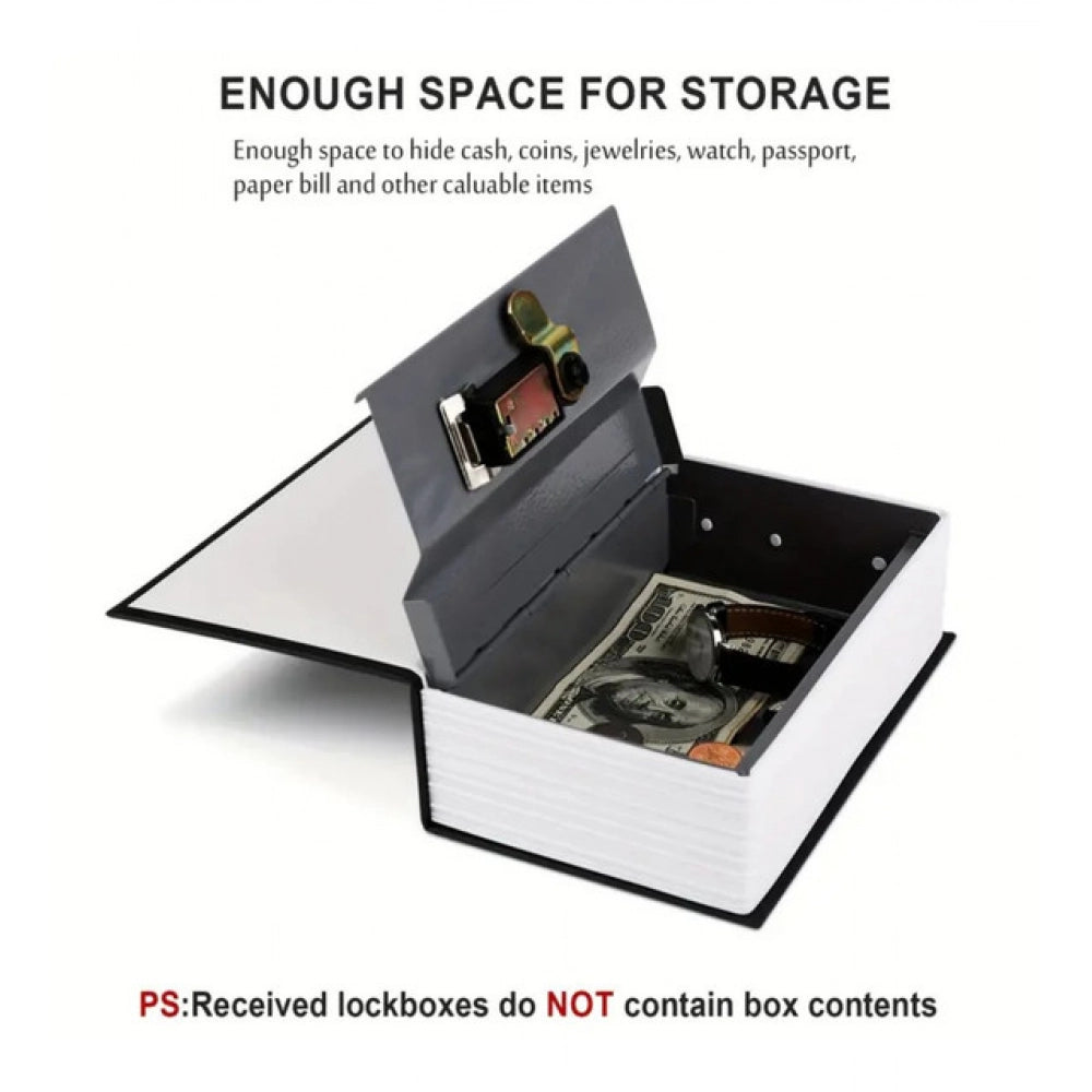Open black book safe with hinged lid and inner storage compartment