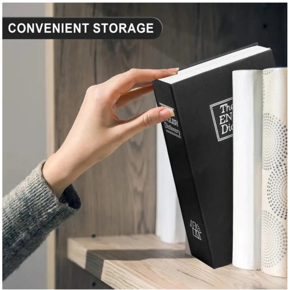 Black book safe with number locker, lid open as hand lifts it