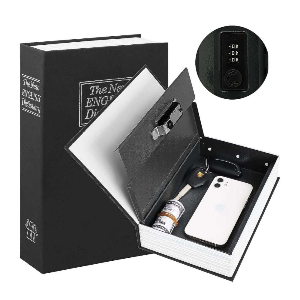 Black book safe with hinged lid and built-in number keypad lock