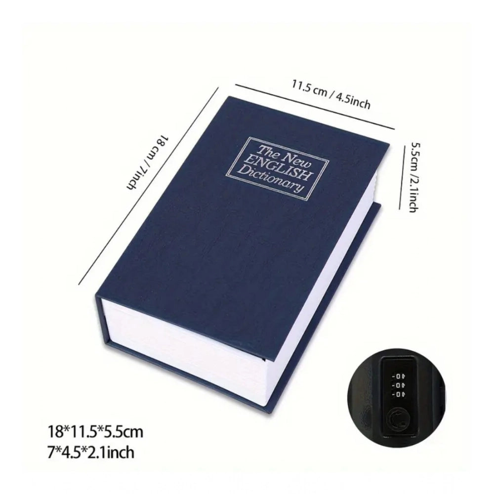 Blue hard-cover book safe with number dial combination lock, closed