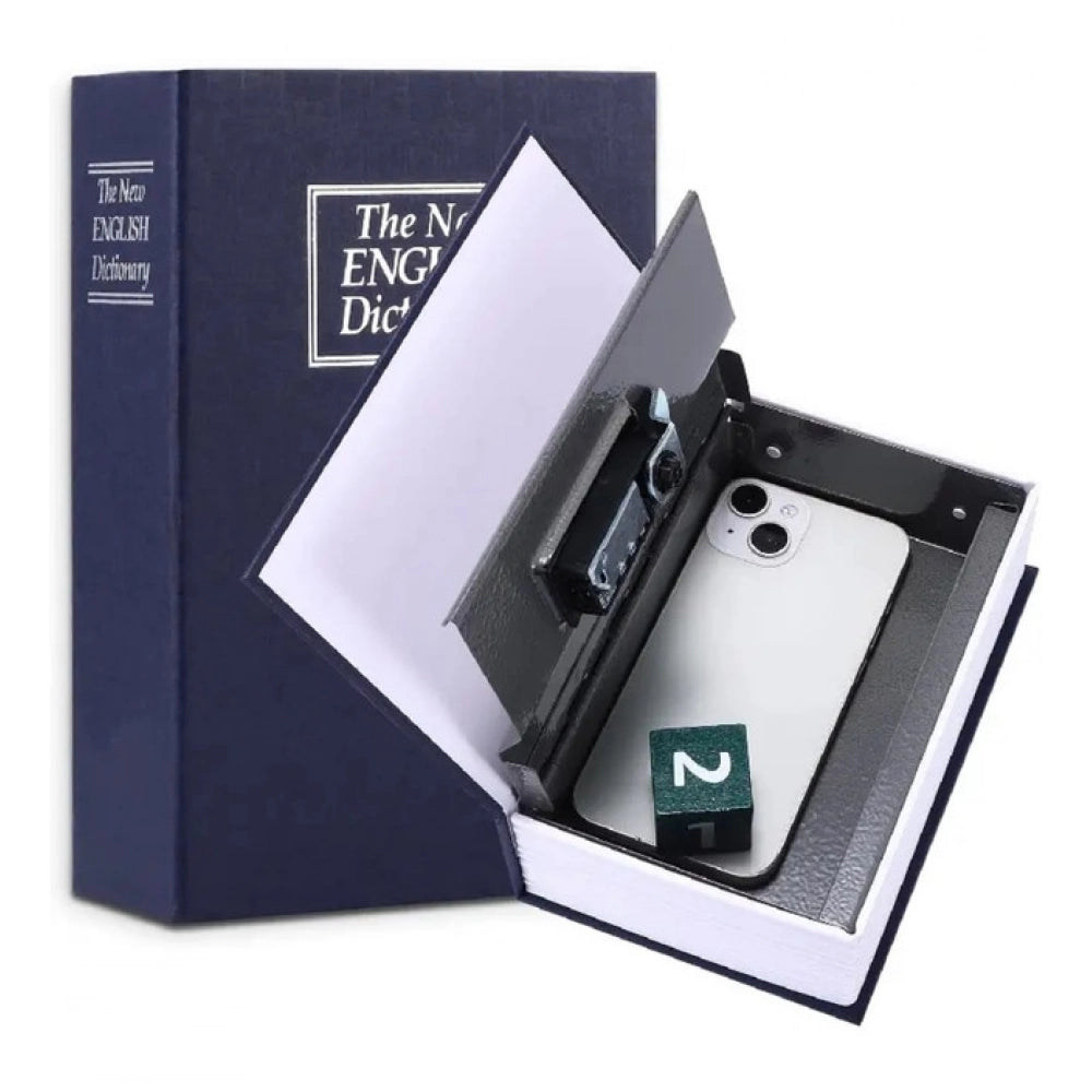 Blue book safe with number combination lock, open tray holding a phone