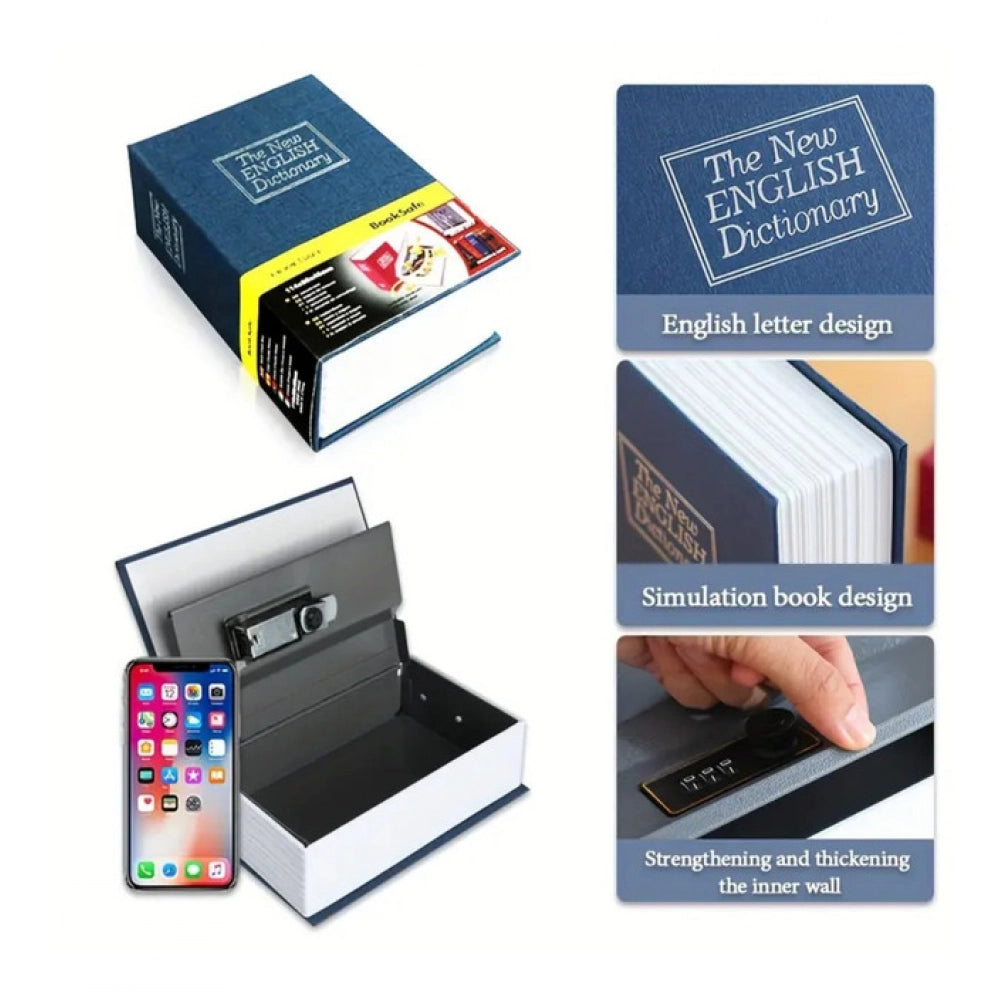 Blue book safe showing open interior tray and phone slot with keypad panel