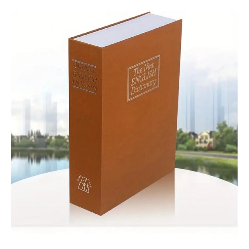 Brown hardbound secret book safe with hinged lid, standing view