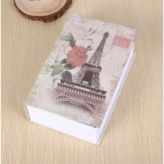White book-shaped safe with floral Eiffel Tower cover