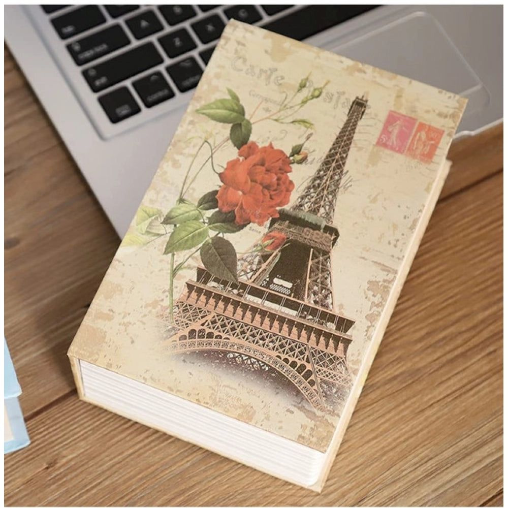 Book-shaped safe with beige Paris floral cover and Eiffel Tower print