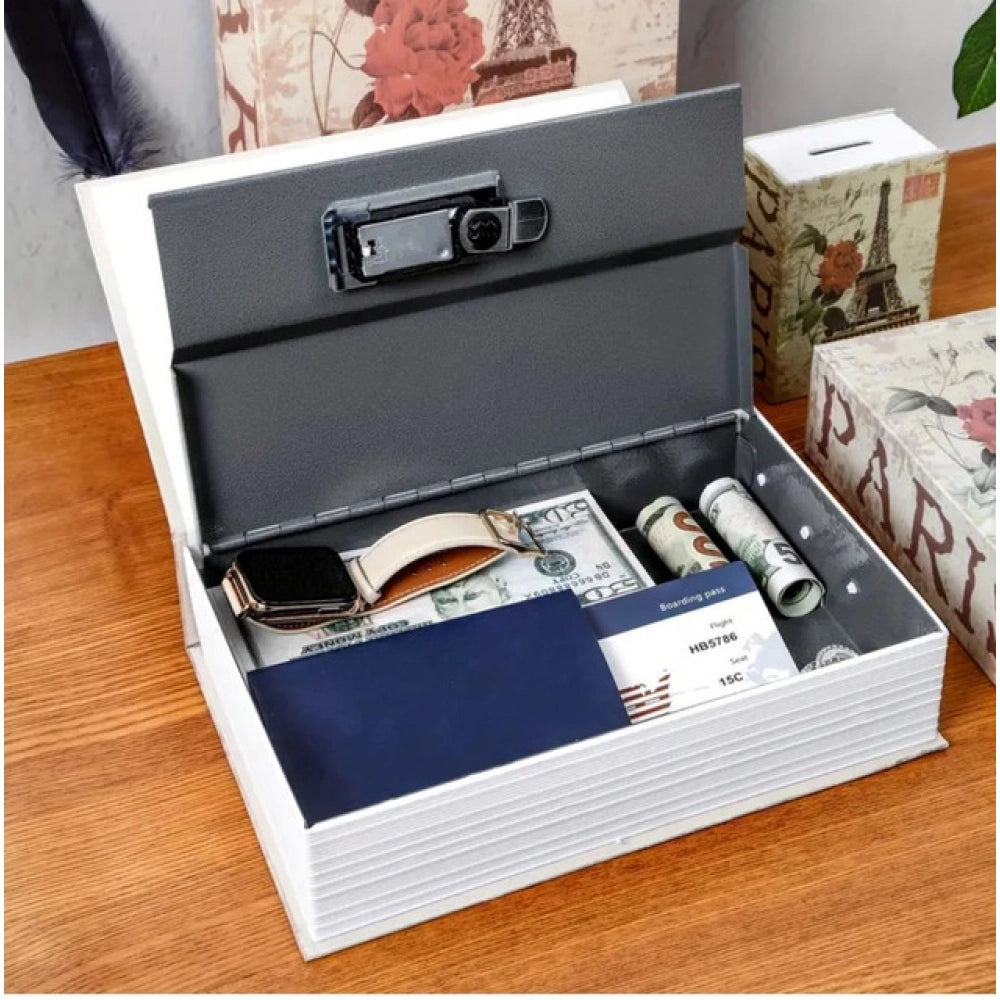 Opened book safe with gray number lock and storage compartments