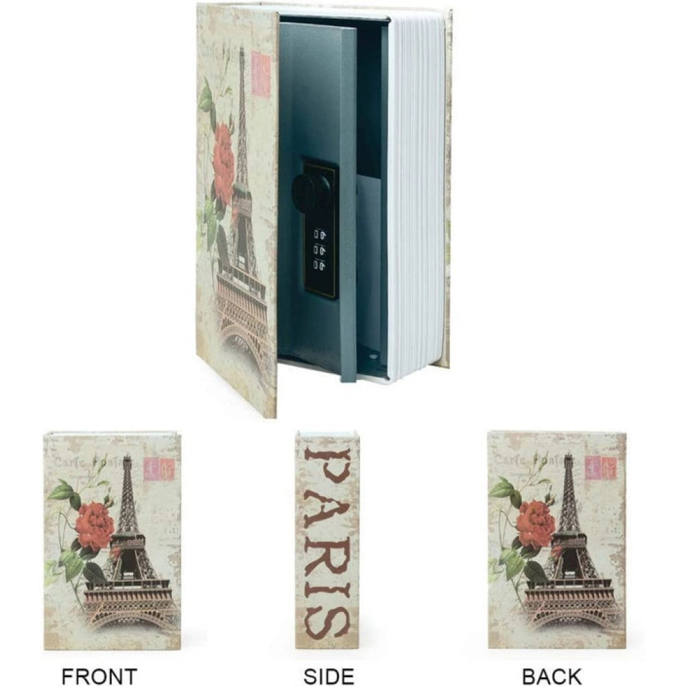 Book safe front, side, and back views with Eiffel Tower floral cover