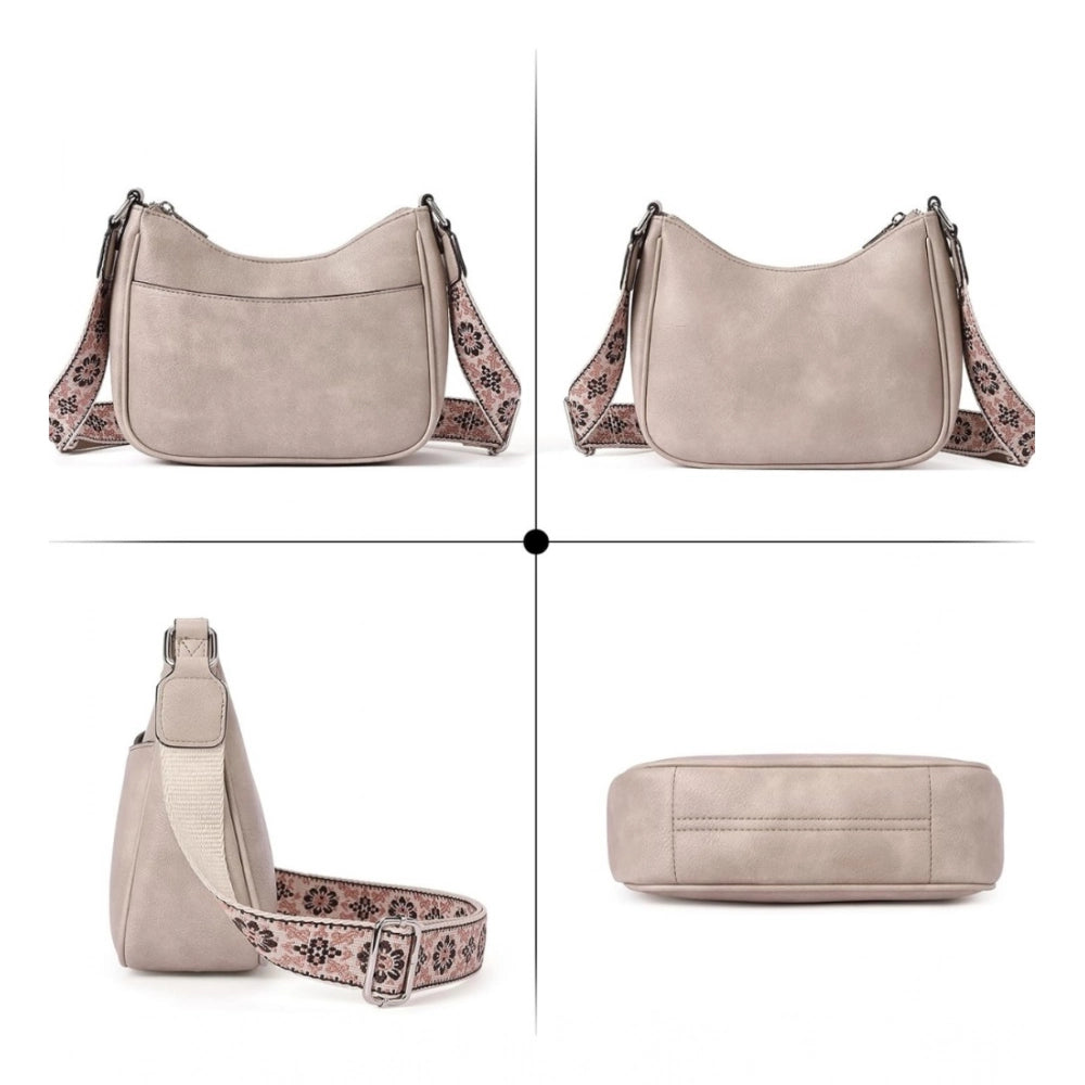 Amfyn Women's PU Leather Zipper Sling Bag (Beige)