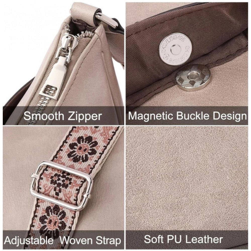 Amfyn Women's PU Leather Zipper Sling Bag (Beige)