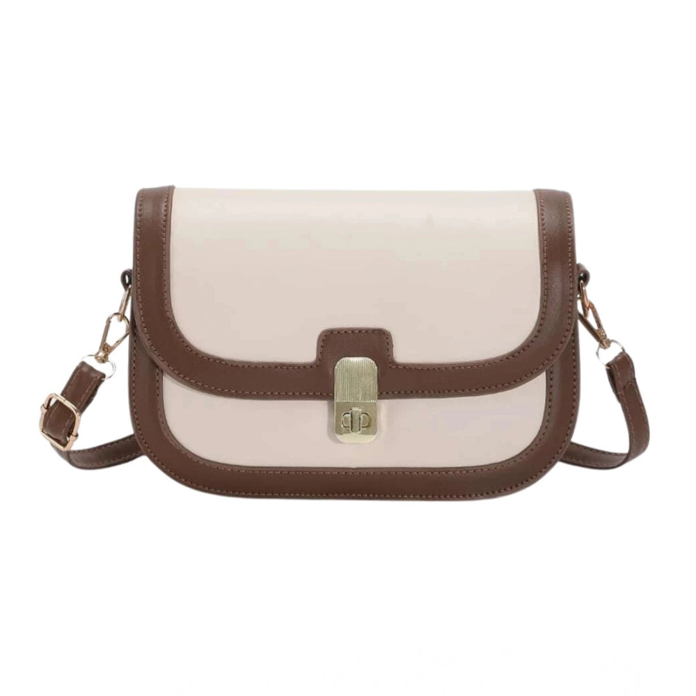 Amfyn Women's PU Leather Zipper Sling Bag (Beige)
