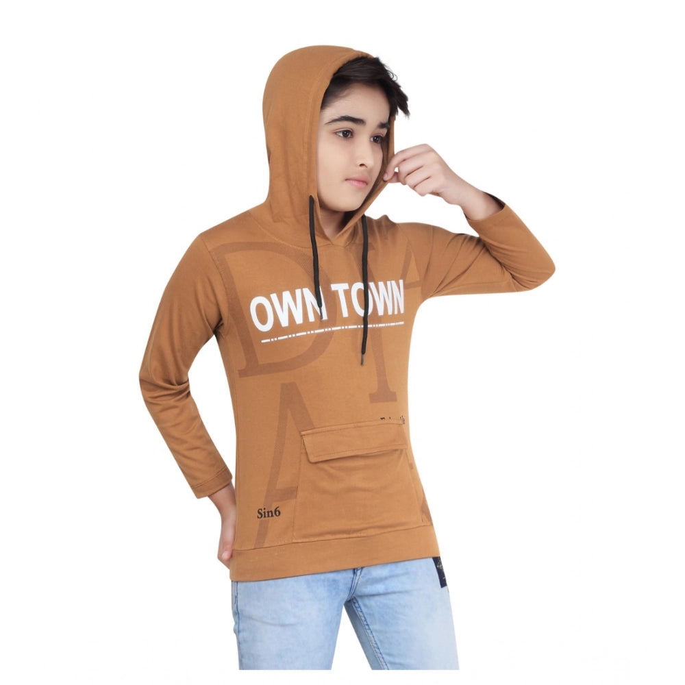 Amfyn Boy's Cotton Printeded Hooded Neck Hoodies (Brown)