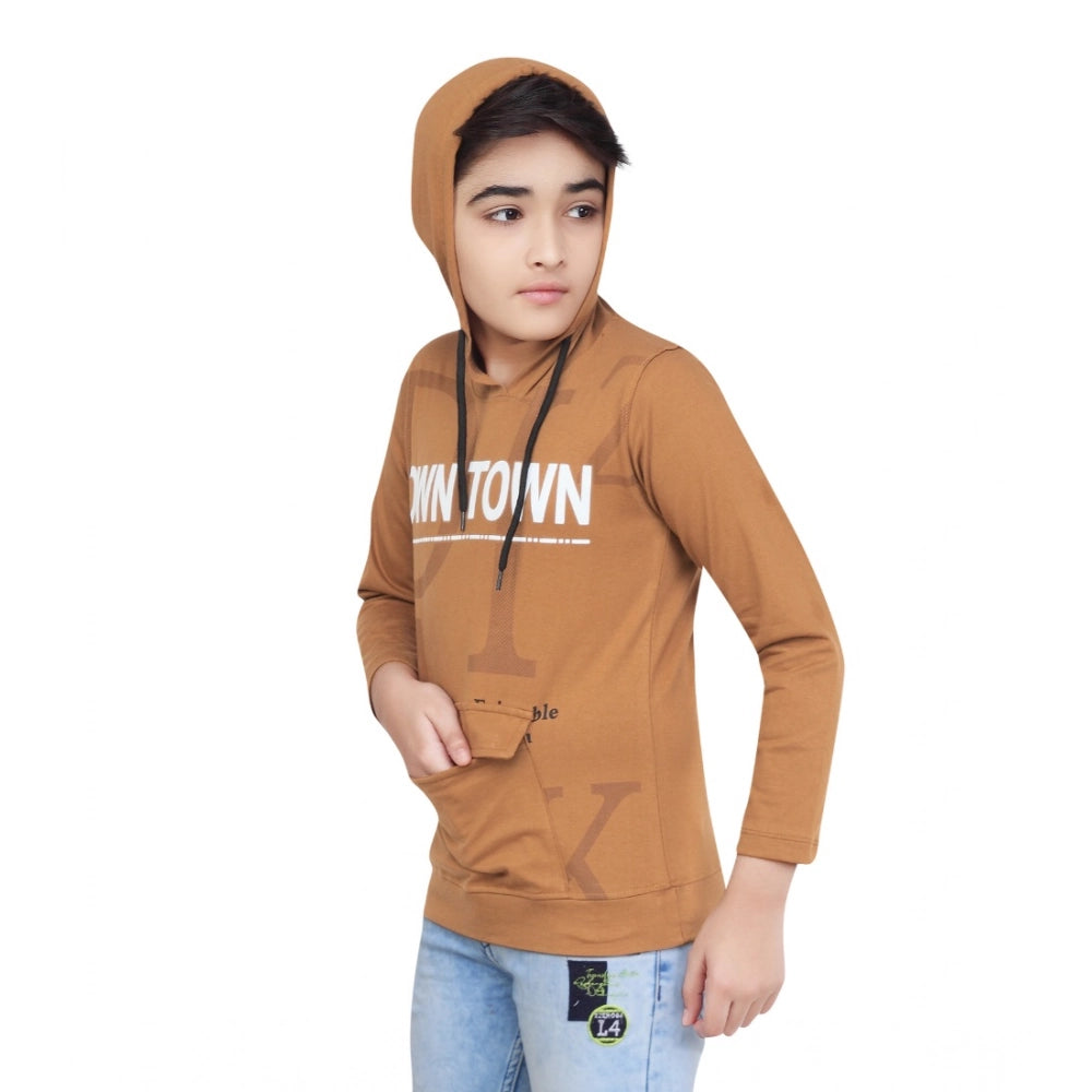 Amfyn Boy's Cotton Printeded Hooded Neck Hoodies (Brown)