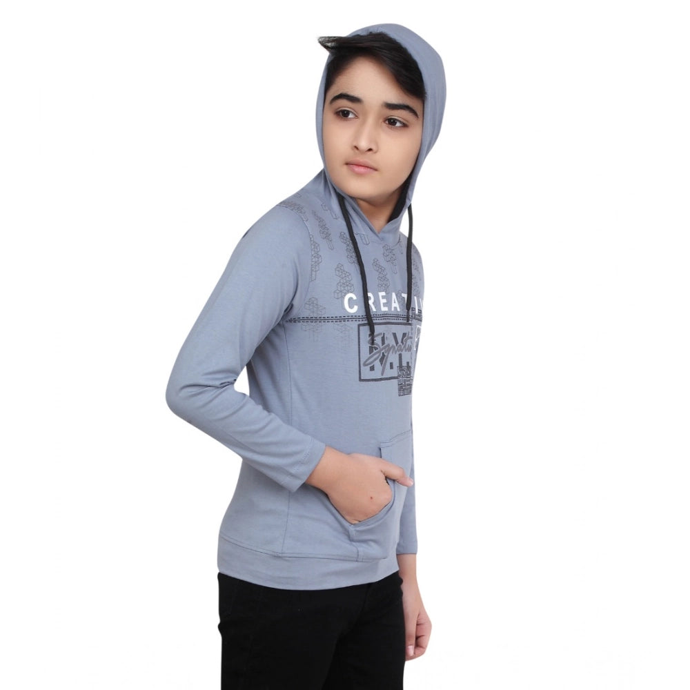 Amfyn Boy's Cotton Printeded Hooded Neck Hoodies (Steel Blue)