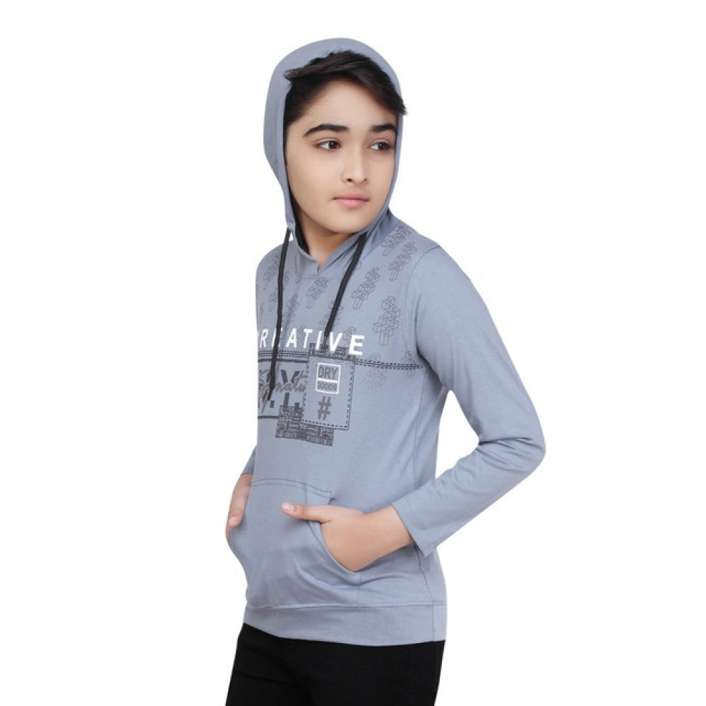 Amfyn Boy's Cotton Printeded Hooded Neck Hoodies (Steel Blue)