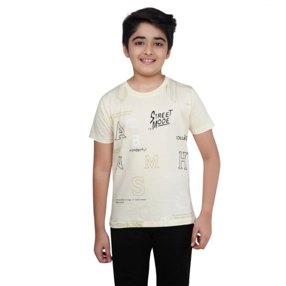 Amfyn Boy's Cotton Grapic Printed Round Neck T-Shirt (Beige )