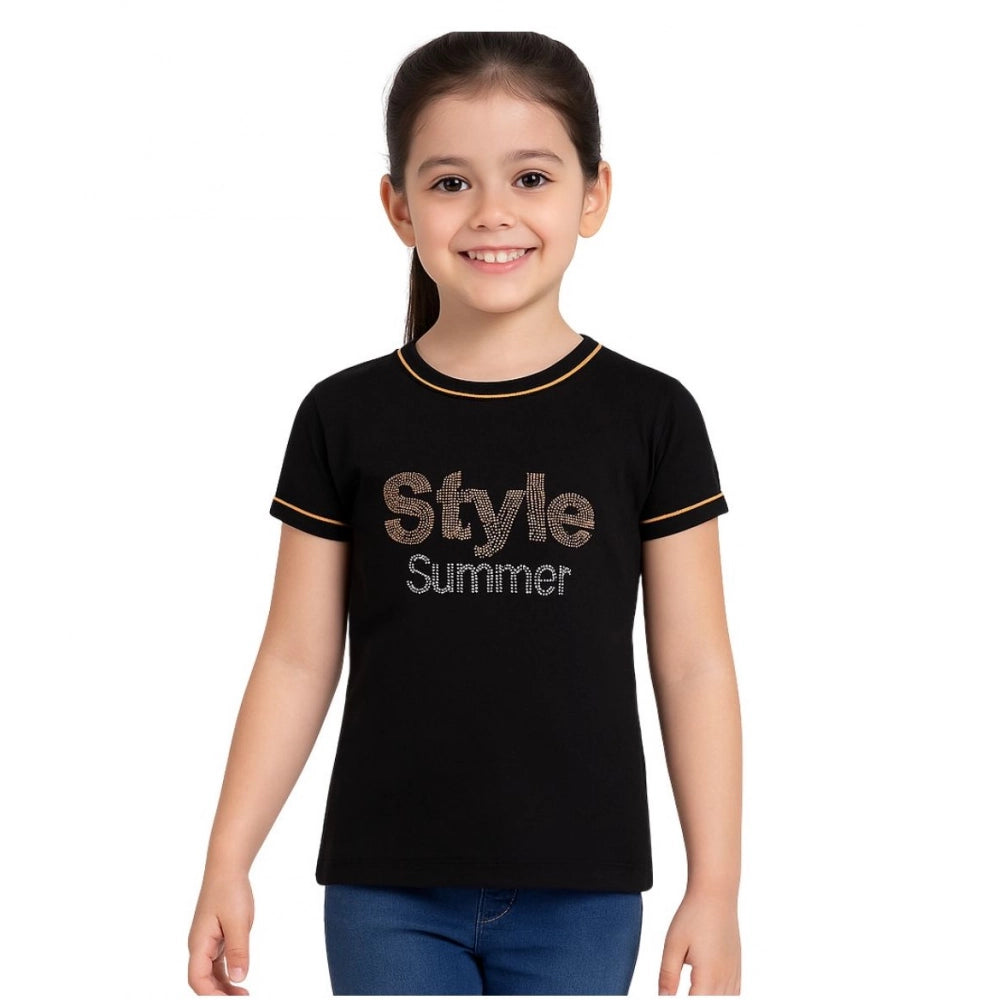Amfyn Girl's Cotton Printeded Round Neck T-Shirt (Black)