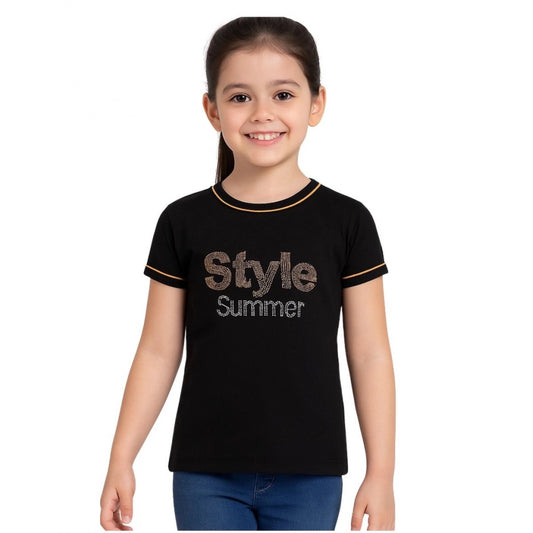 Amfyn Girl's Cotton Printeded Round Neck T-Shirt (Black)