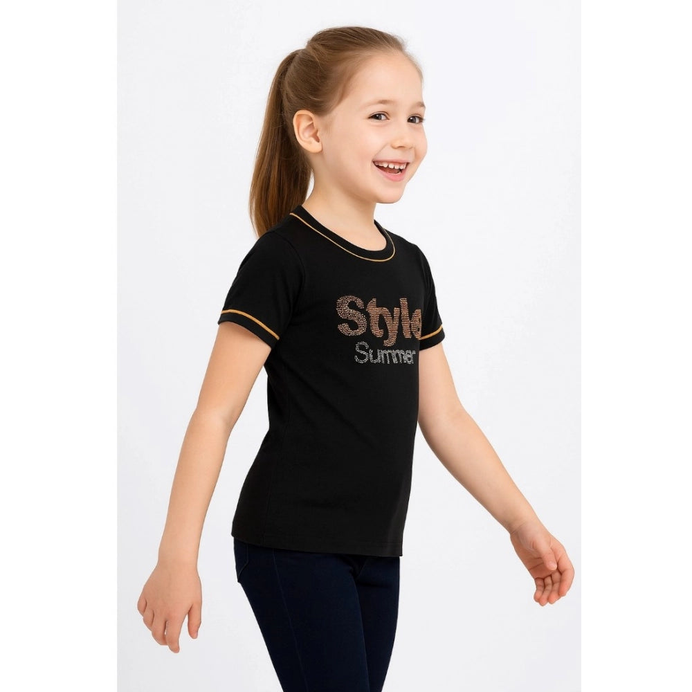 Amfyn Girl's Cotton Printeded Round Neck T-Shirt (Black)