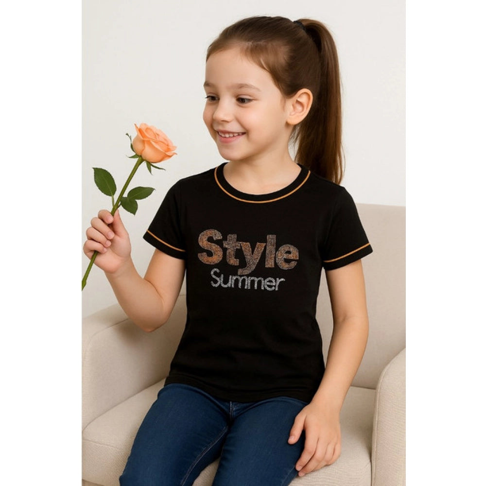 Amfyn Girl's Cotton Printeded Round Neck T-Shirt (Black)