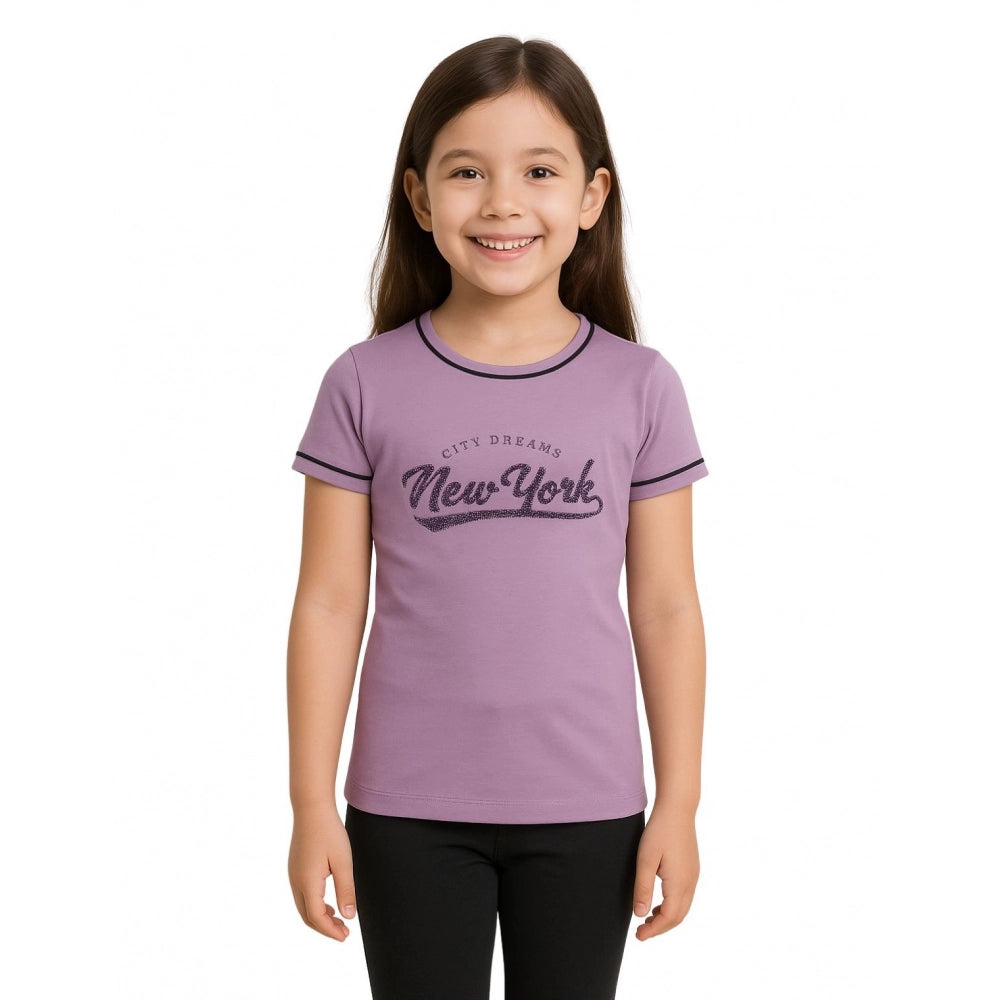 Amfyn Girl's Cotton Printeded Round Neck T-Shirt (Lavander)