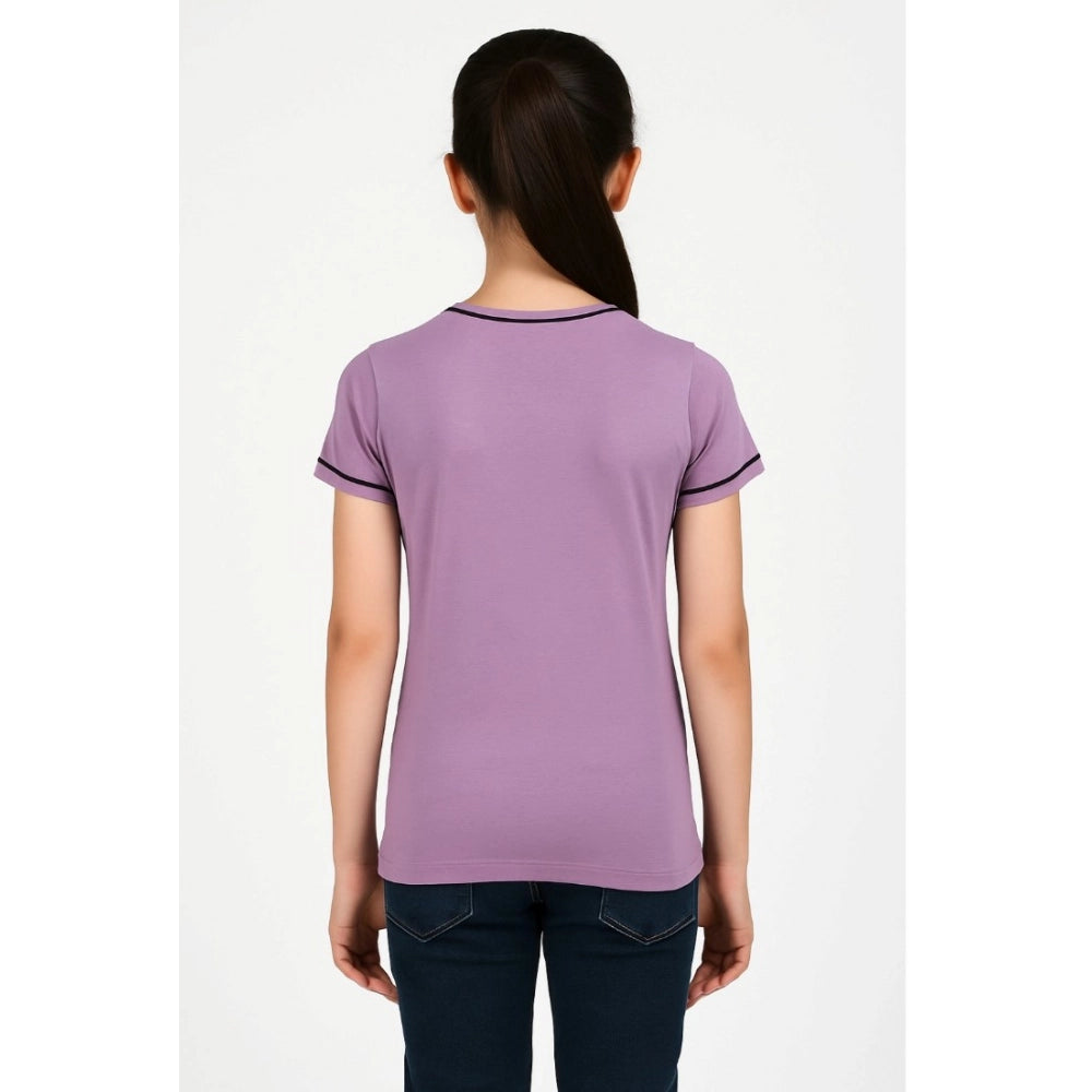 Amfyn Girl's Cotton Printeded Round Neck T-Shirt (Lavander)
