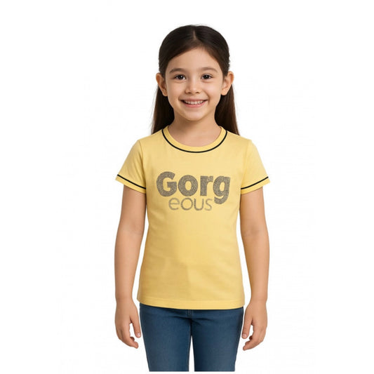 Amfyn Girl's Cotton Printeded Round Neck T-Shirt (Yellow)