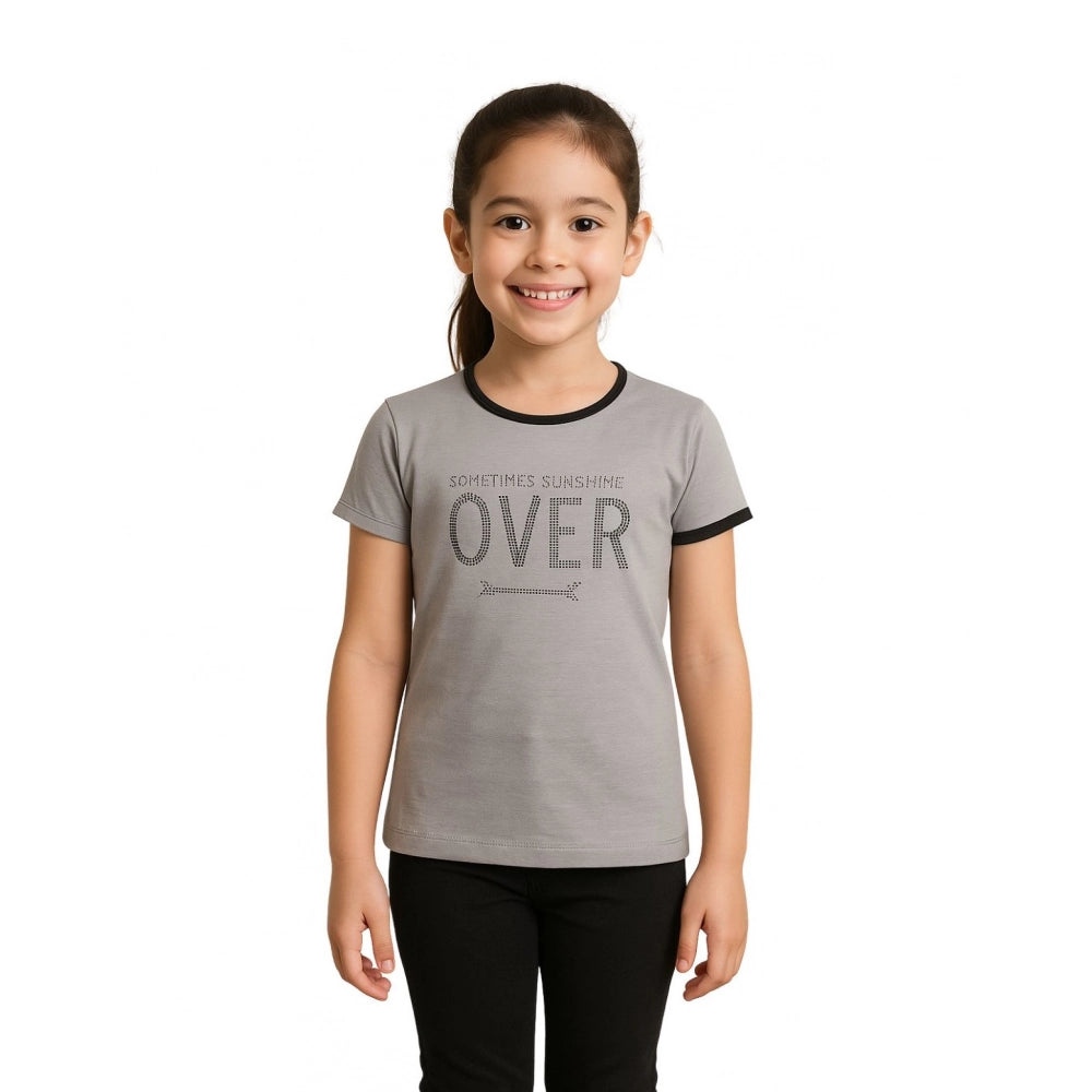 Amfyn Girl's Cotton Printeded Round Neck T-Shirt (Grey)