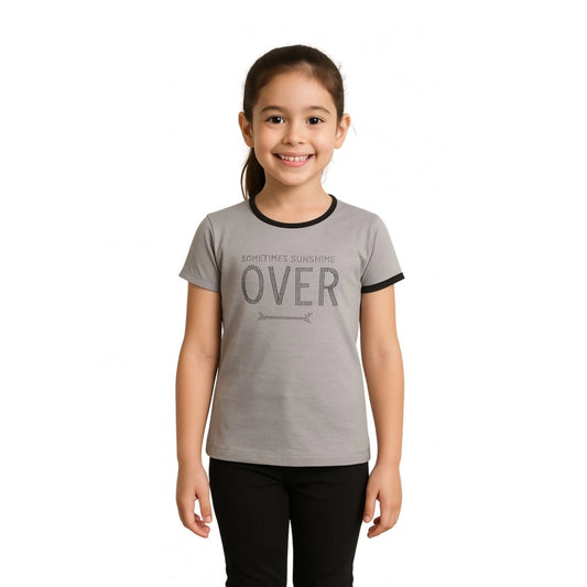 Amfyn Girl's Cotton Printeded Round Neck T-Shirt (Grey)