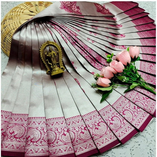 Amfyn Women's Soft Silk Printed Saree With Unstitched Blouse 5.5Mtr (Silver Brown)