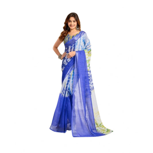 Amfyn Women's Faux_Linen Printed Ready-to-Wear Saree With Unstitched Blouse 5.5 Mtr (Blue)