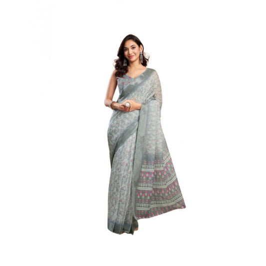 Amfyn Women's Faux_Linen Printed Ready-to-Wear Saree With Unstitched Blouse 5.5 Mtr (Grey)