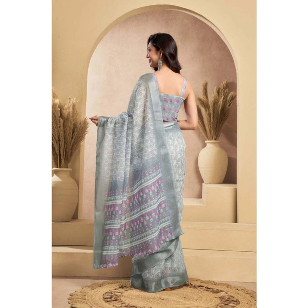 Amfyn Women's Faux_Linen Printed Ready-to-Wear Saree With Unstitched Blouse 5.5 Mtr (Grey)