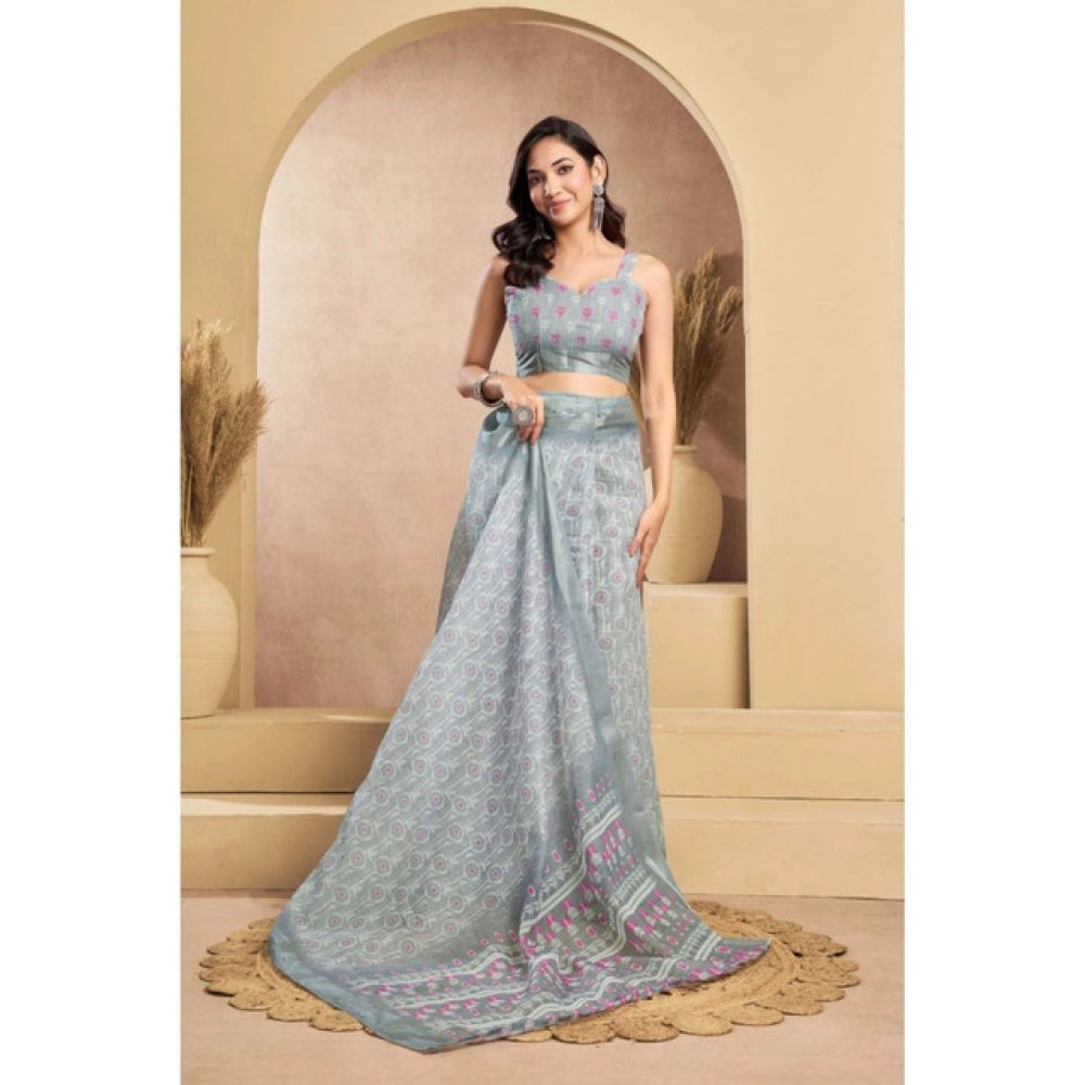 Amfyn Women's Faux_Linen Printed Ready-to-Wear Saree With Unstitched Blouse 5.5 Mtr (Grey)