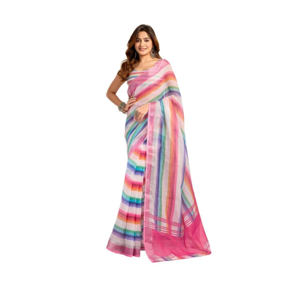 Amfyn Women's Faux_Linen Printed Ready-to-Wear Saree With Unstitched Blouse 5.5 Mtr (Multicolor)