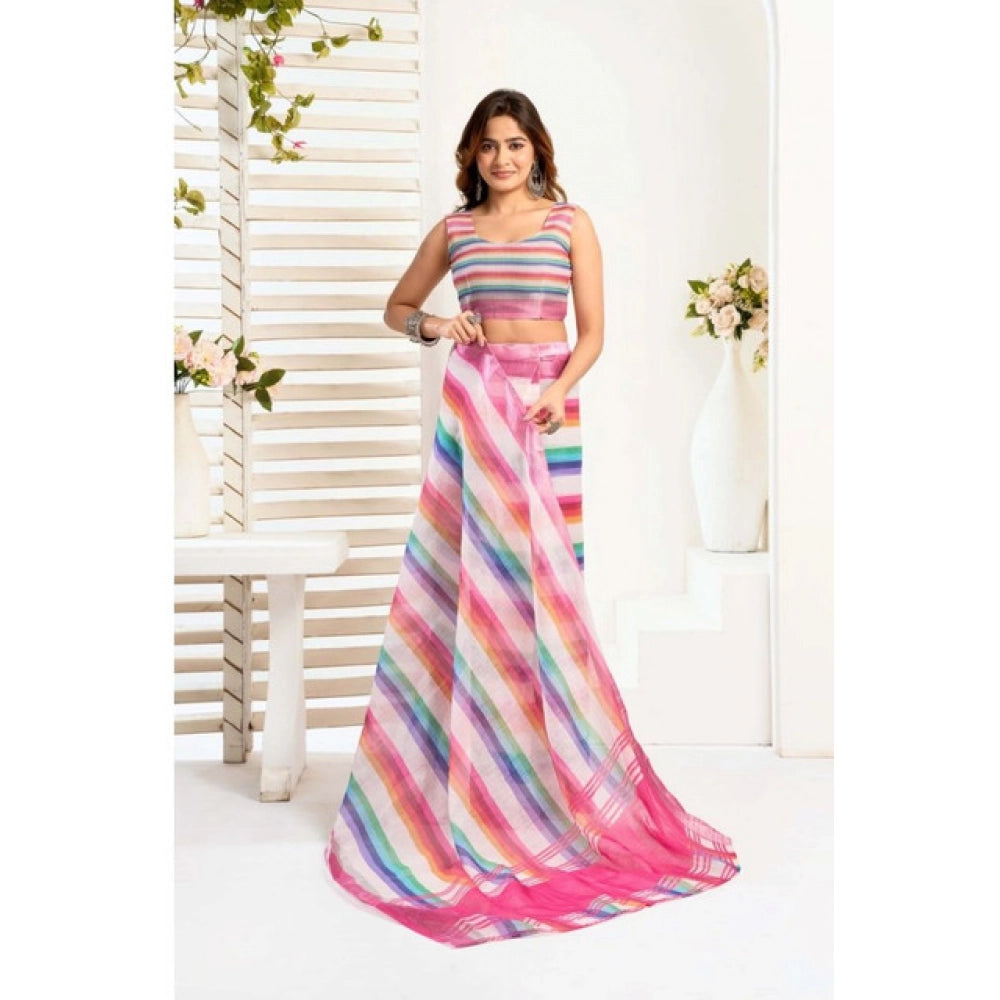 Amfyn Women's Faux_Linen Printed Ready-to-Wear Saree With Unstitched Blouse 5.5 Mtr (Multicolor)