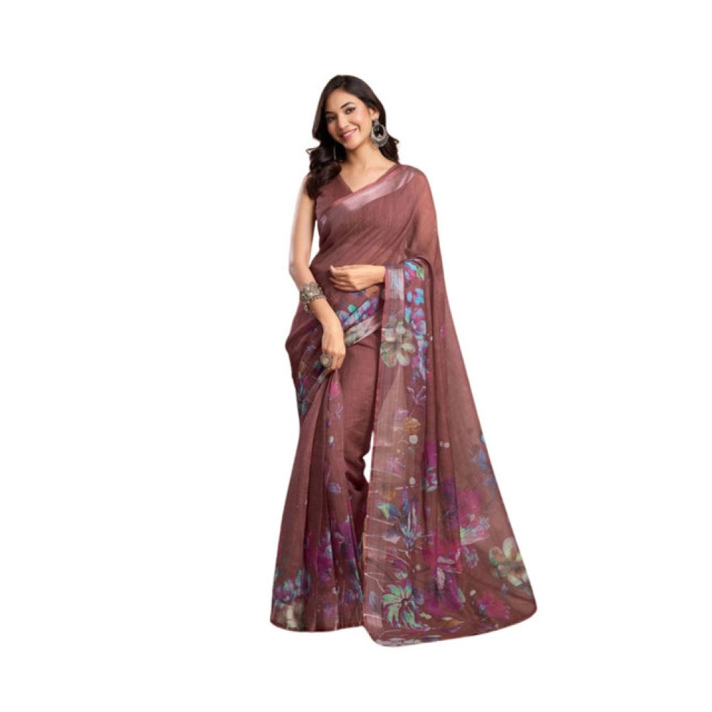 Amfyn Women's Faux_Linen Printed Ready-to-Wear Saree With Unstitched Blouse 5.5 Mtr (Brown)