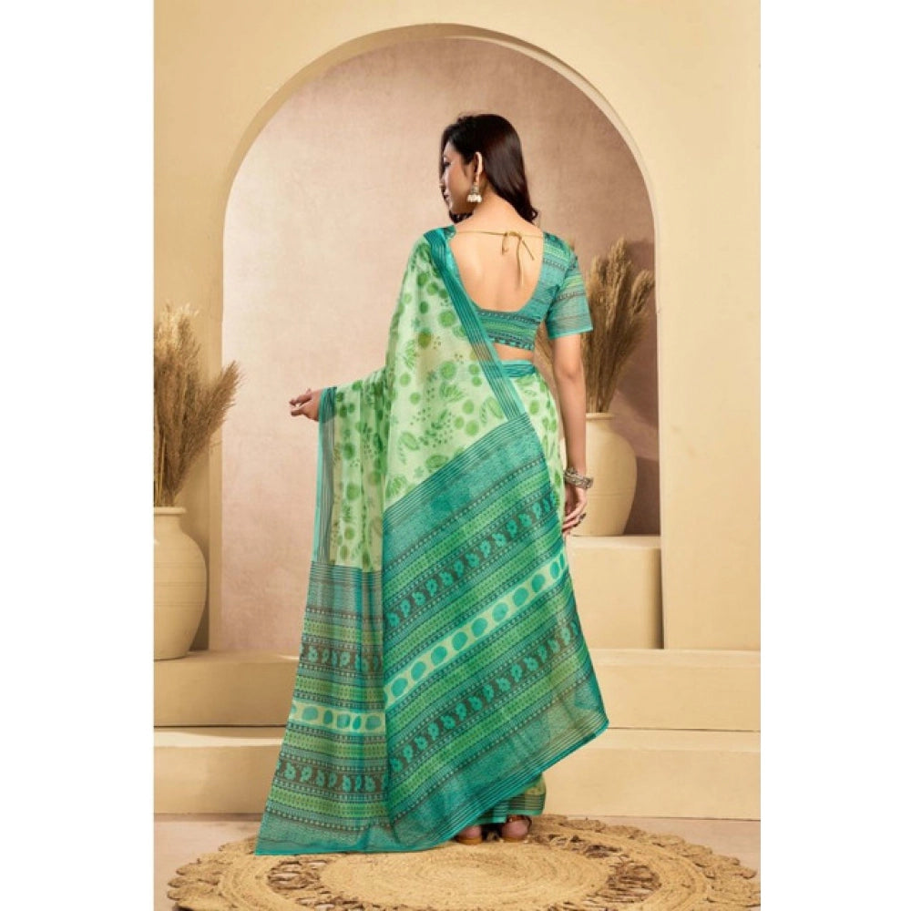 Amfyn Women's Faux_Linen Printed Ready-to-Wear Saree With Unstitched Blouse 5.5 Mtr (Light_Green)