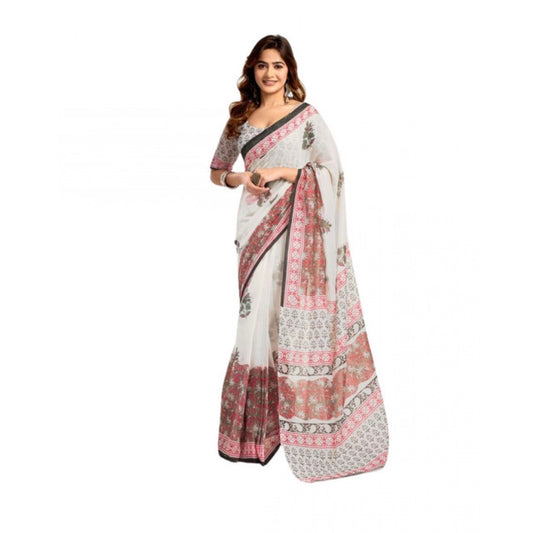 Amfyn Women's Faux_Linen Printed Ready-to-Wear Saree With Unstitched Blouse 5.5 Mtr (White)