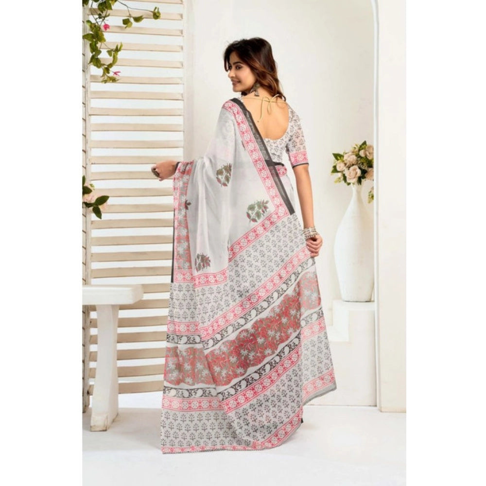 Amfyn Women's Faux_Linen Printed Ready-to-Wear Saree With Unstitched Blouse 5.5 Mtr (White)